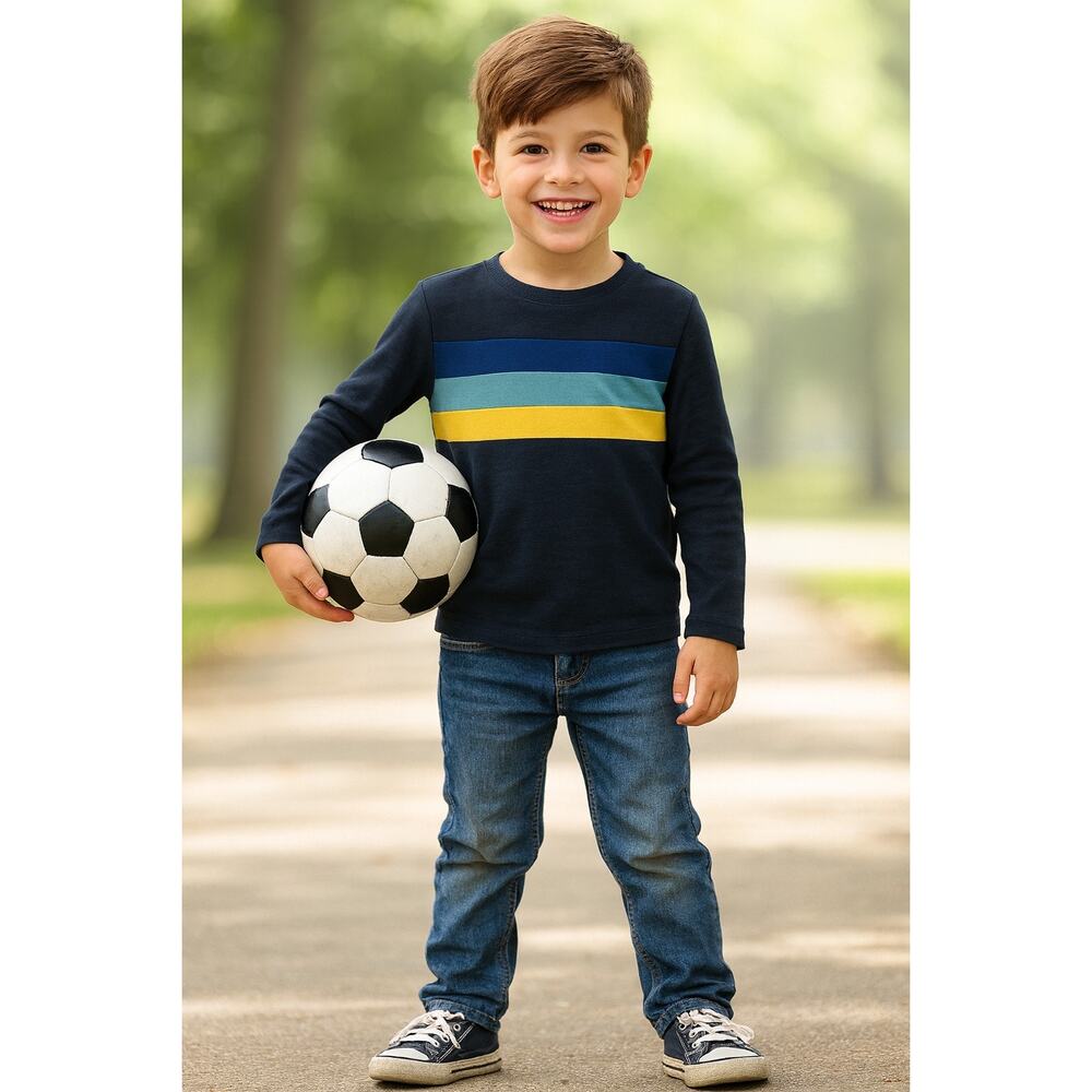 Jumping Beans Boys' Long Sleeve Crew Neck Shirt - Striped Navy Blue, Size 7